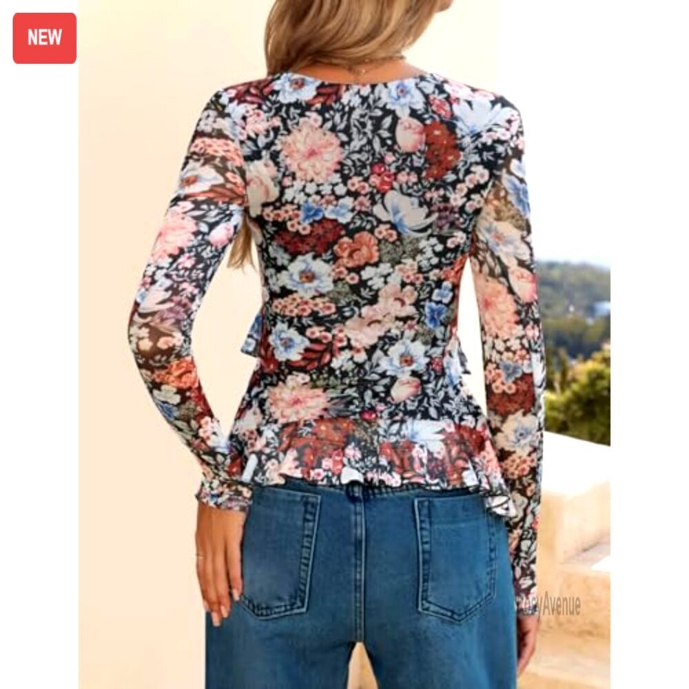 Long Sleeve Floral Ruffle V-Neck Blouse, Slim Fit, Fall Fashion Top - Picture 5 of 7